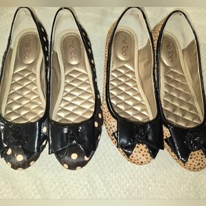 Me Too 2 Pairs Very Rare Women's Black and Tan Polka Dot Flats, Calf Hair.